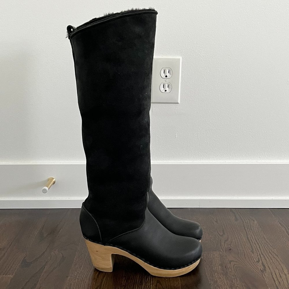 No. 6 Store Knee High Shearling Clog Boots, High Heel, Black Suede, Size 39